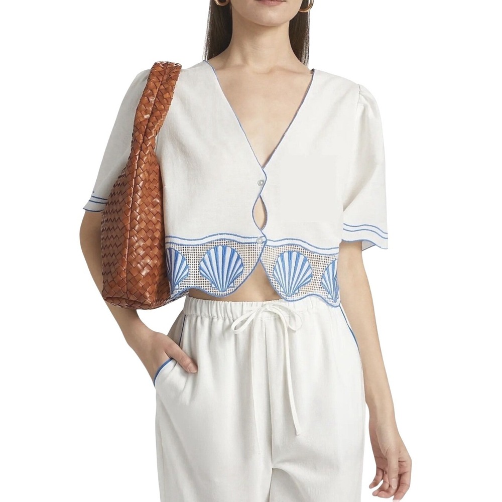 NEW Rails Crop Top Womens Medium SS Venice White Blue Seashell Embroidered Linen
